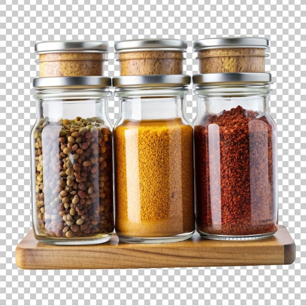 three jars of spices are on the shelf in the kitchen png