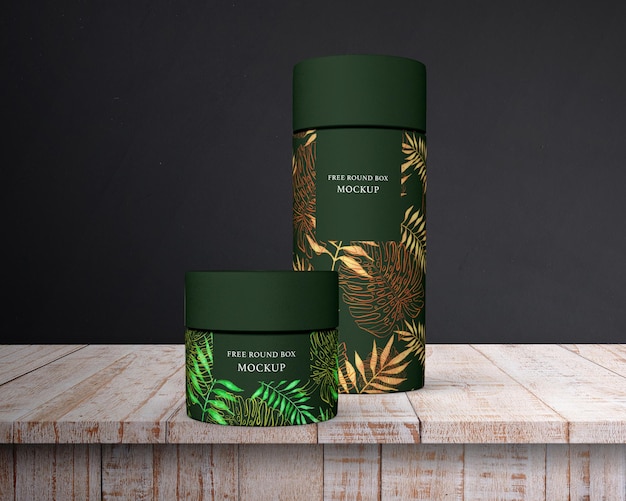 three jars of tropical palm trees are on a wooden table tea box packaging mockup