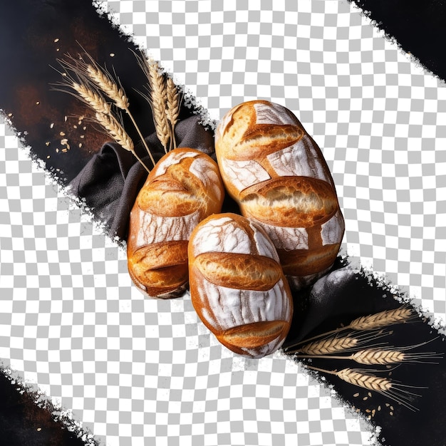 Three loaves of bread on a transparent wood and metal accents