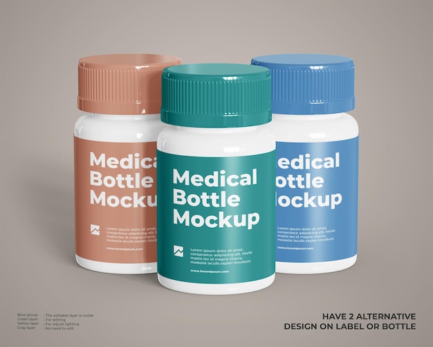 Three medical plastic bottle mockup