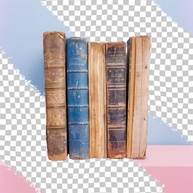 PSD three old books are lined up on a checkered table