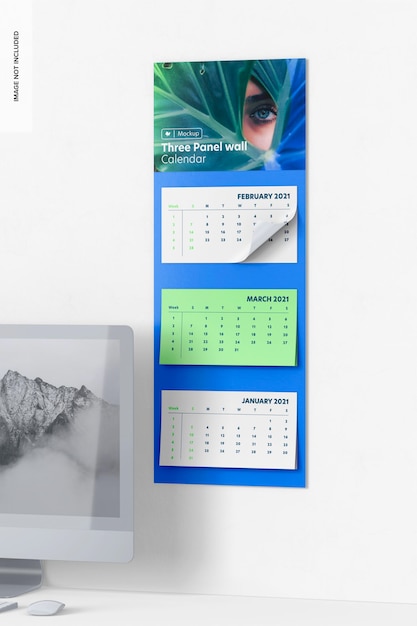 Three Panel Wall Calendar on Wall Mockup