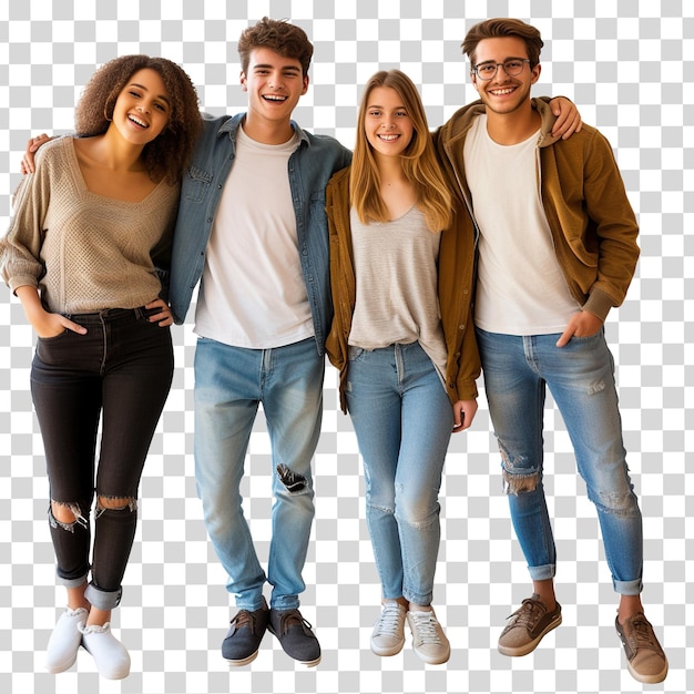 PSD three people posing for a photo with one wearing a brown jacket and the other has a white shirt that