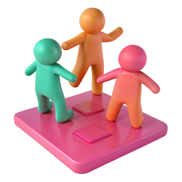 three people standing on a pink square with one holding hands