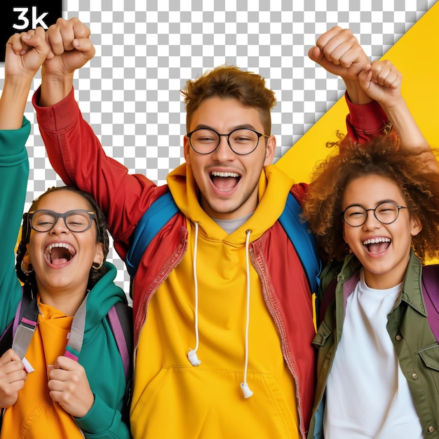 three people wearing glasses and a jacket with the word quot e quot on it