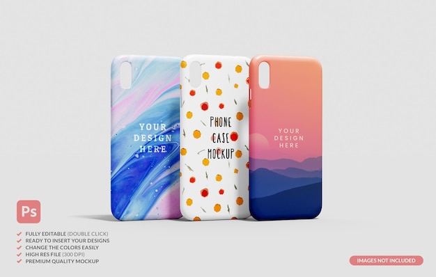 PSD three plastic protector mobile phone case mockup on a neutral color background for brand design presentation in 3d rendering