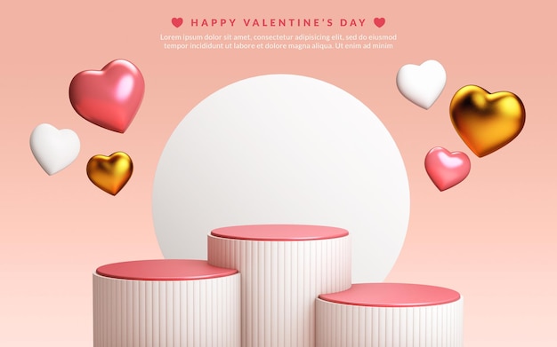 Three podiums and floating hearts in 3D rendering. Valentines day scene