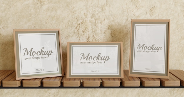 Three poster frame mockup with different size on wall shelf