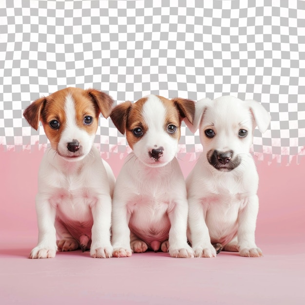 three puppies sit on a pink background with a white square in the background