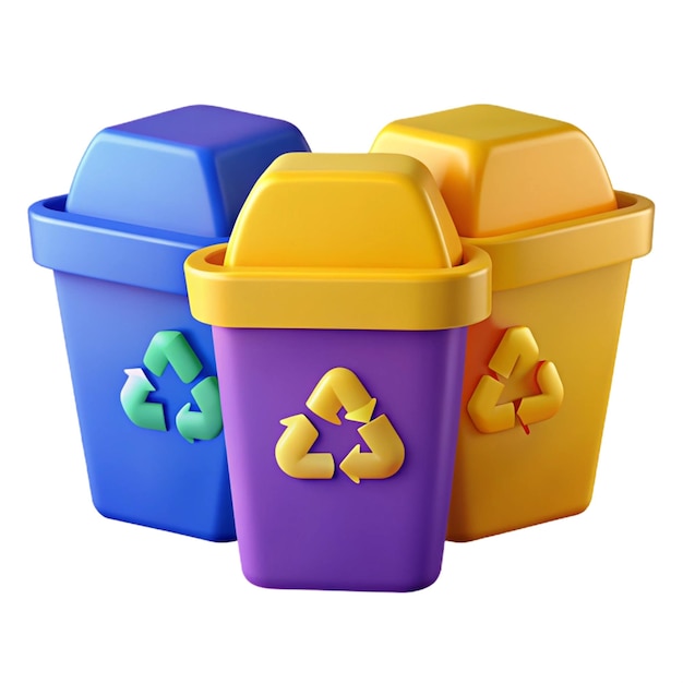 three purple bins with yellow and blue lids that say recycling