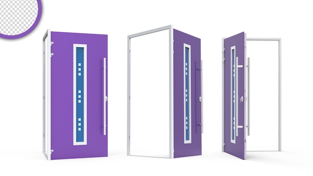 Three purple doors with the word