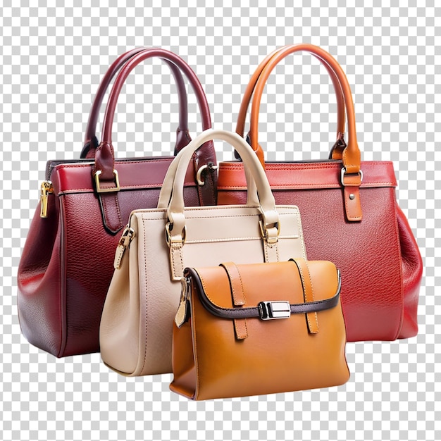 PSD three purses in different colors on transparent background