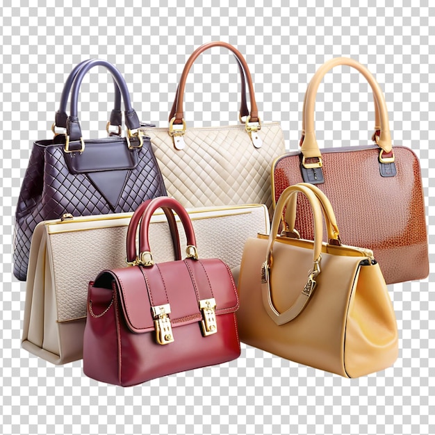 PSD three purses in different colors on transparent background