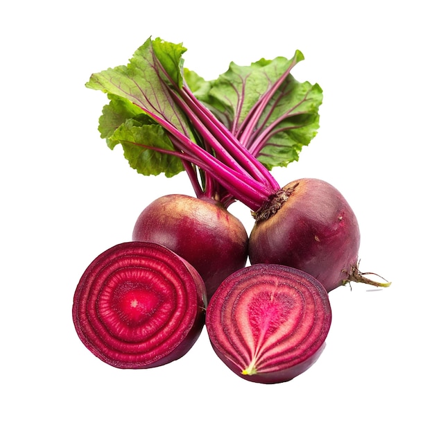 three red radishes with green leaves and a green leaf