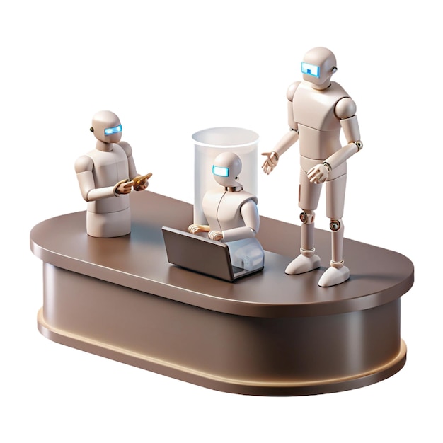 PSD three robot figurines are on a pedestal with a bottle of liquid