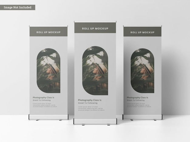 Three Roll up banner mockup front view