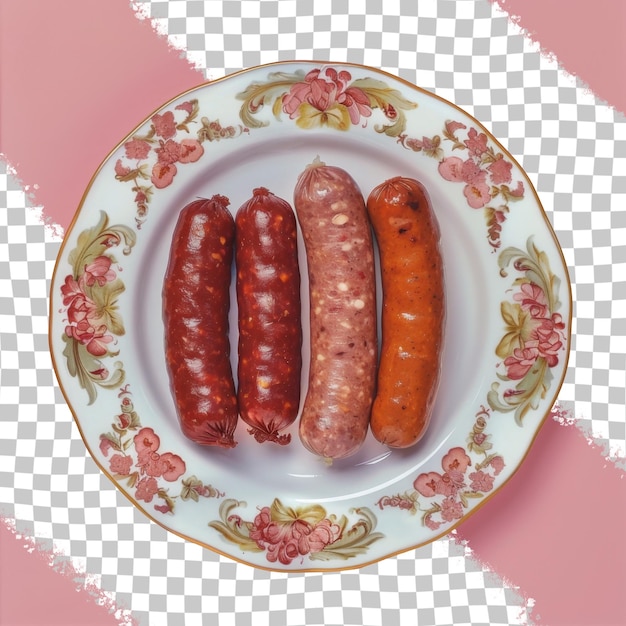 PSD three sausages are on a plate with a pink background