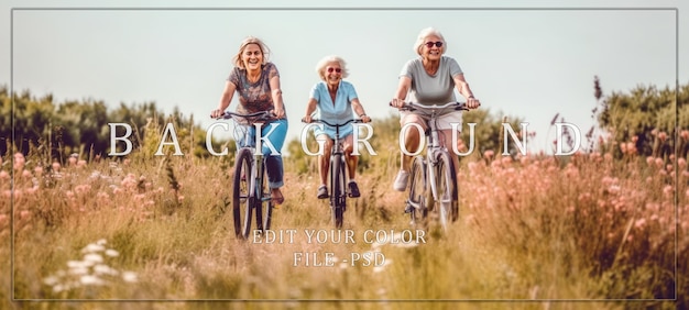 PSD three senior women cycling in a field