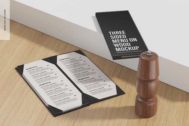 Three Sided Menus on Wood Mockup, Opened and Closed