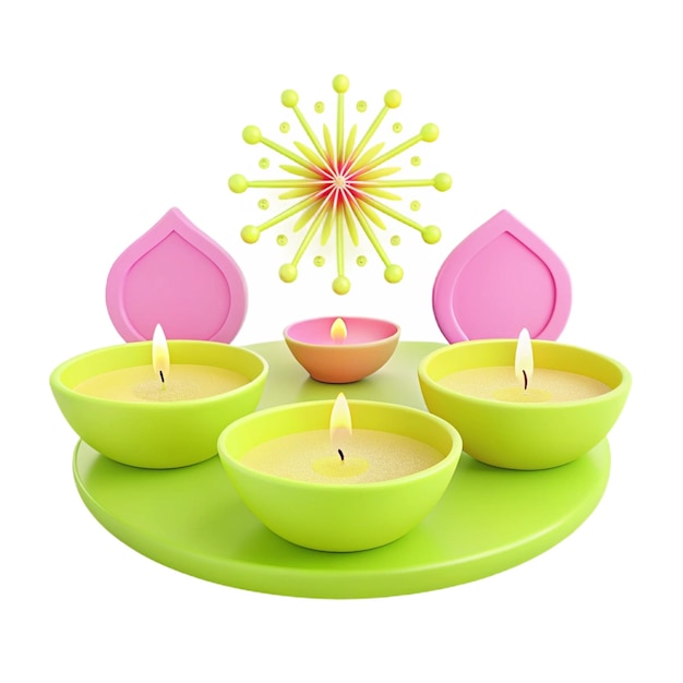 PSD three small bowls with a candle in the middle and a pink and yellow star on the bottom