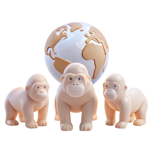 three small monkeys are standing next to each other and one is white