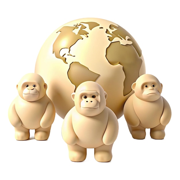 three small monkeys are standing in front of a globe