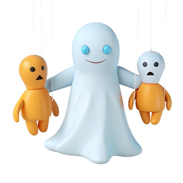 PSD three small white robot figurines with one being held up