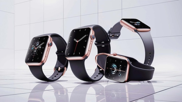 three smart watches are lined up on a white surface