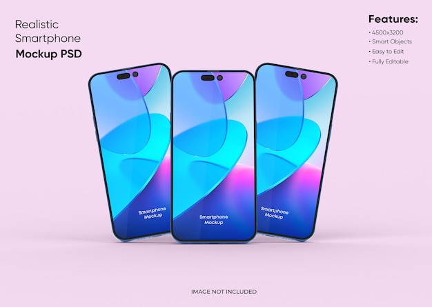 Three smartphones 14 pro max mockup for App and Website UI branding 2 Phones in front and back side 3D render