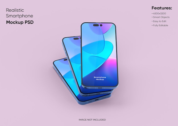 Three smartphones 14 pro max mockup for App and Website UI branding 2 Phones in front and back side 3D render