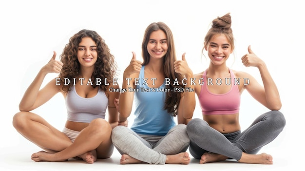 PSD three smiling women in yoga clothes give thumbs up