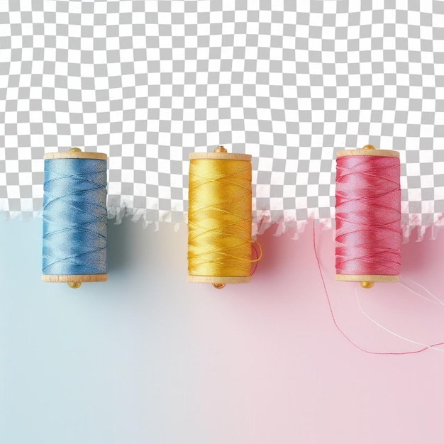 three spools of thread are hanging on a pink background