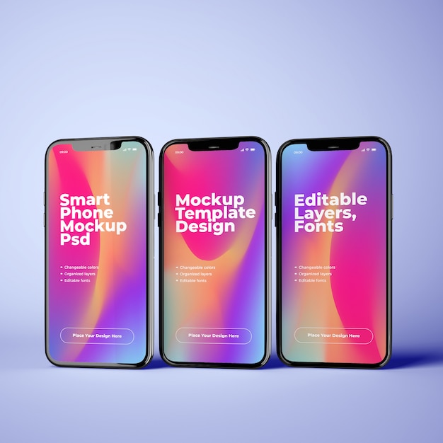 Three standing phone mockups with editable design