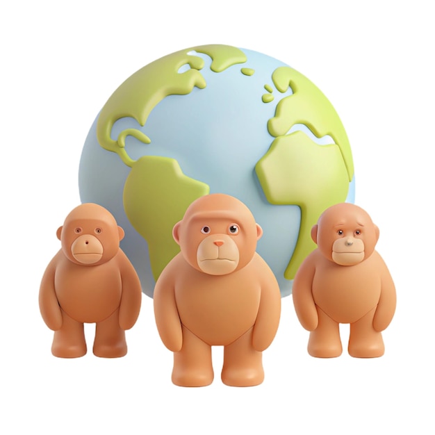 PSD three stuffed animals are standing in front of a globe