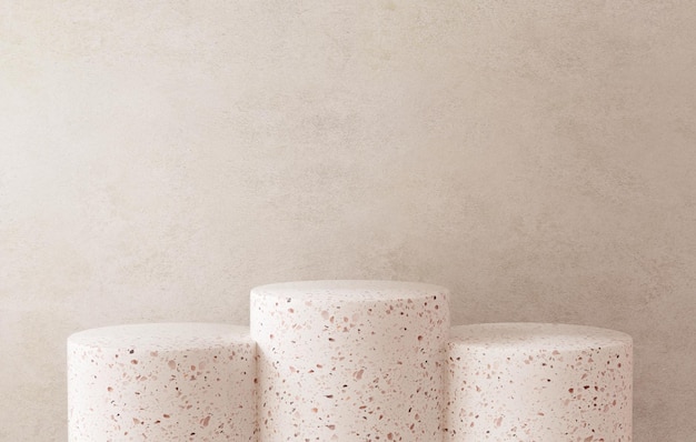 Three terrazzo podium platforms on a stone textured wall background for stuff display in 3D render