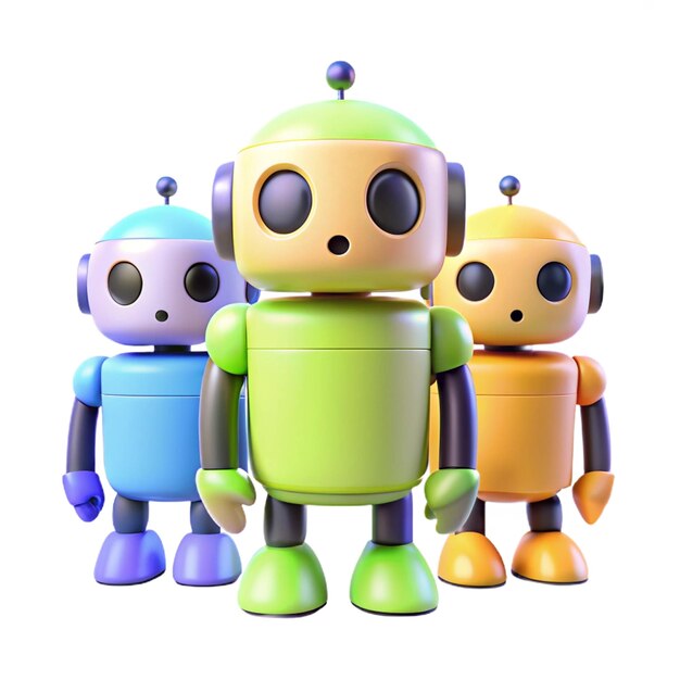 three toy robots are standing next to each other