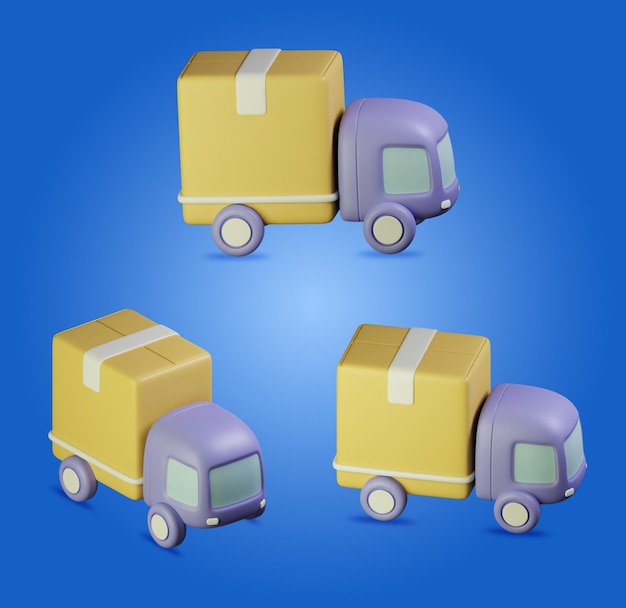 Three trucks with a yellow and purple box on the front.