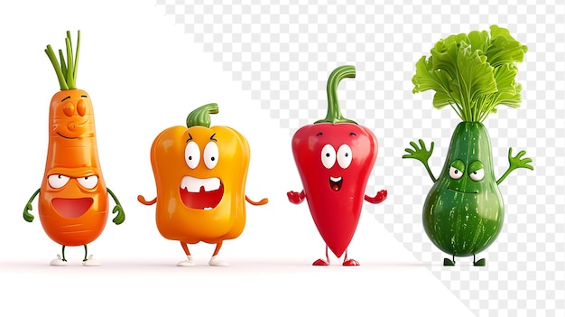 PSD three vegetables with faces that say carrots and celery