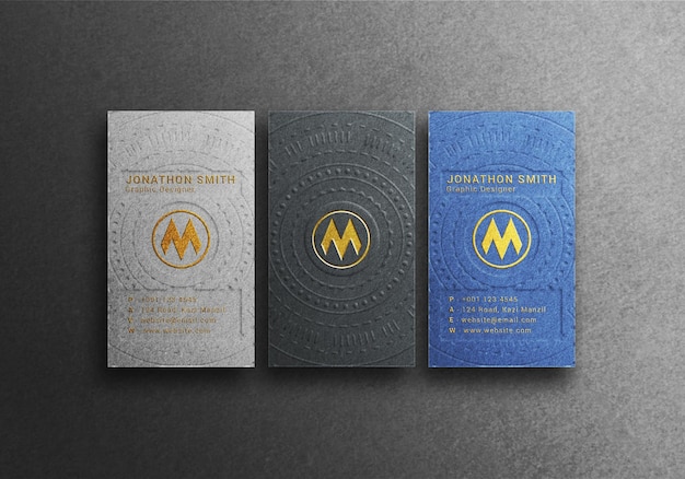 Three Vertical business card mockup with realistic shape with emboss golden style mockup