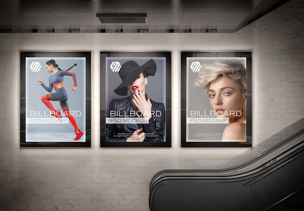 Three Vertical glowing billboards in subway station Mockup