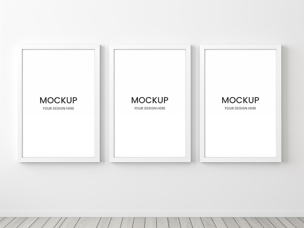 Three white frame wall poster mockup white wall minimal room