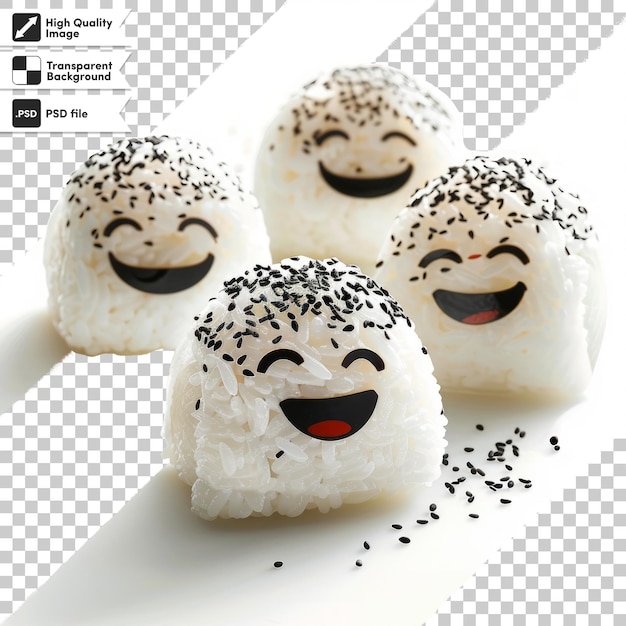 PSD three white sushi eggs with black sesame seeds on them