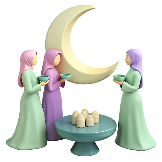 PSD three women are standing around a table with a crescent moon on it