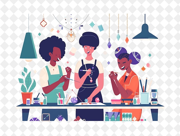 three women in a kitchen with a pot on the shelf