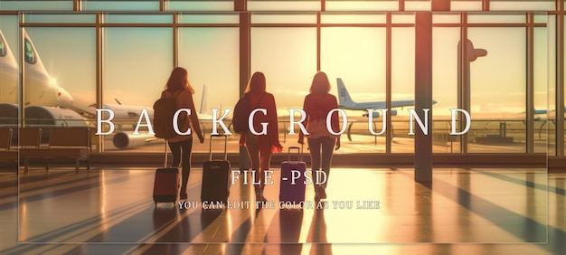 PSD three women walking through an airport terminal with luggage