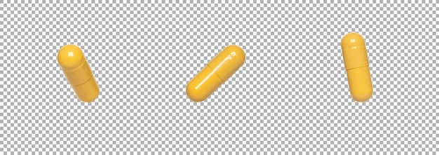 Three yellow capsules or pills isolated