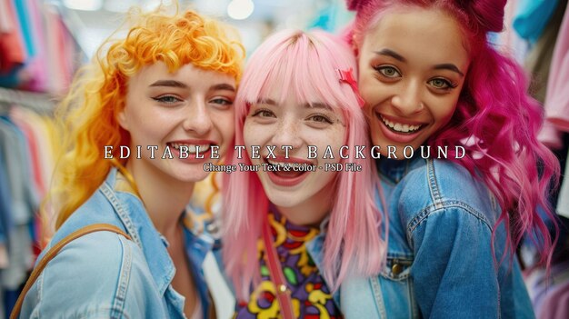 PSD three young women with brightly colored hair laughing and smiling for a photo a closeup view