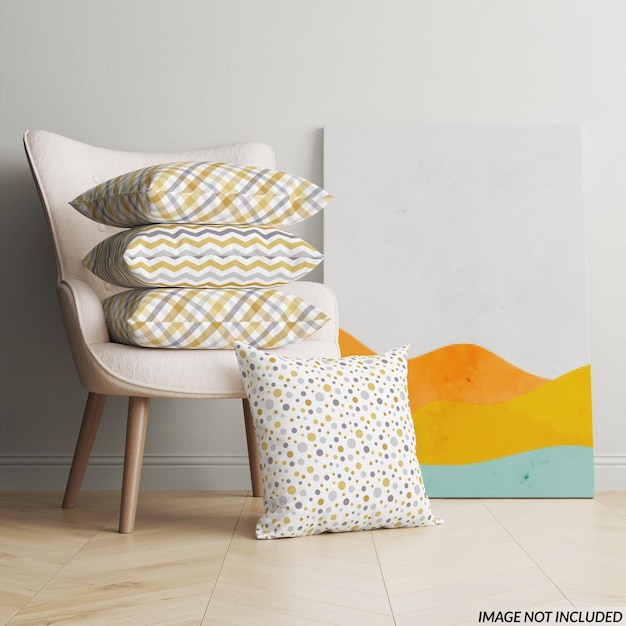 Throw Pillows Stack and Canvas on Floor Mockups