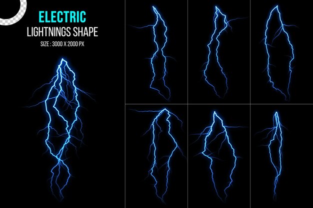 Thunderstorm and electric blue lightning collection on transparent background