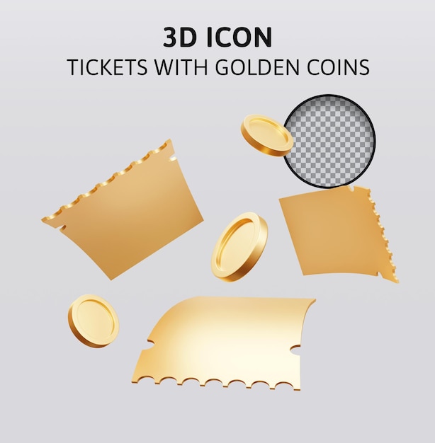 tickets with golden coins 3d rendering illustration